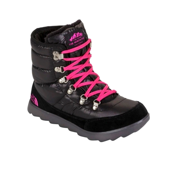 The North Face Thermoball Lace 8" Shiny TNF Black Luminous Pink Snow Boots 7 - Picture 1 of 8